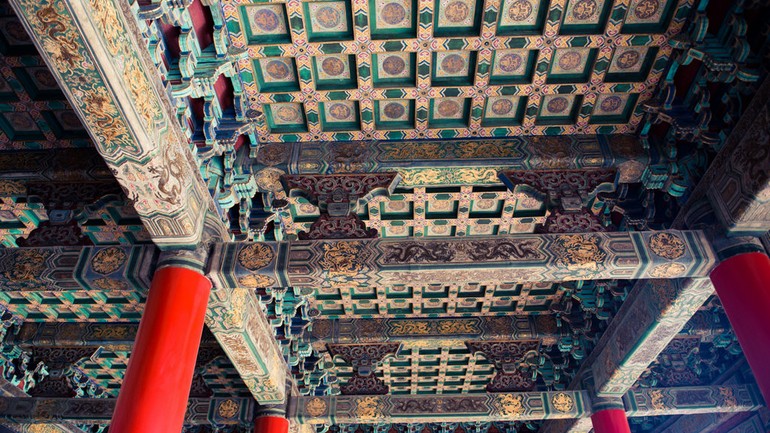 A hand-painted sunken ceiling at the Forbidden City..jpg