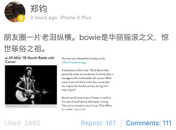 zheng jun mourns over death of David Bowie